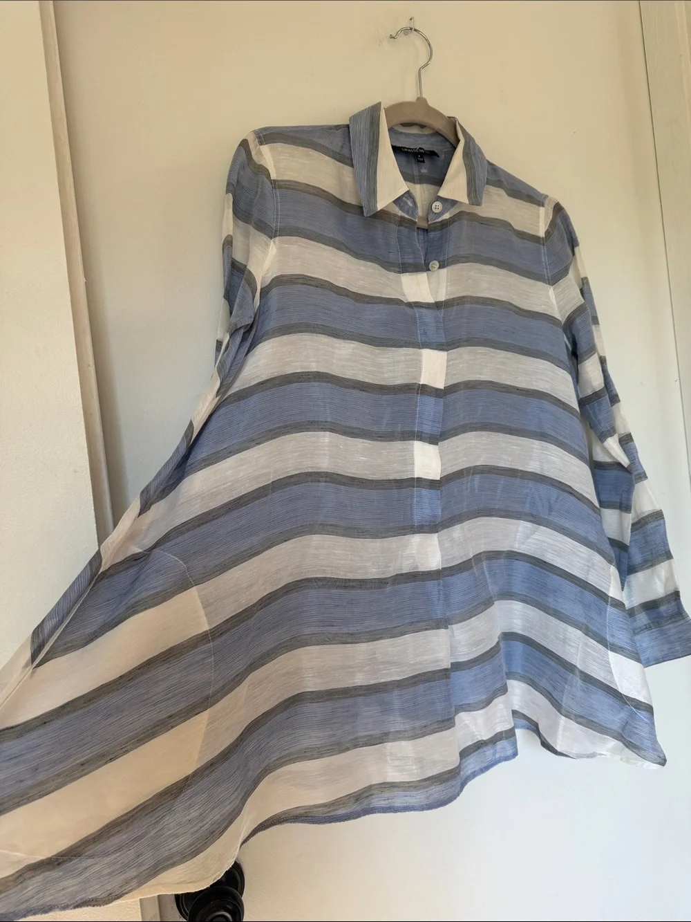 Lafayette 148 Stripe Button Down Shirt White Blue Linen silk long sleeve P - Picture 5 of 7
